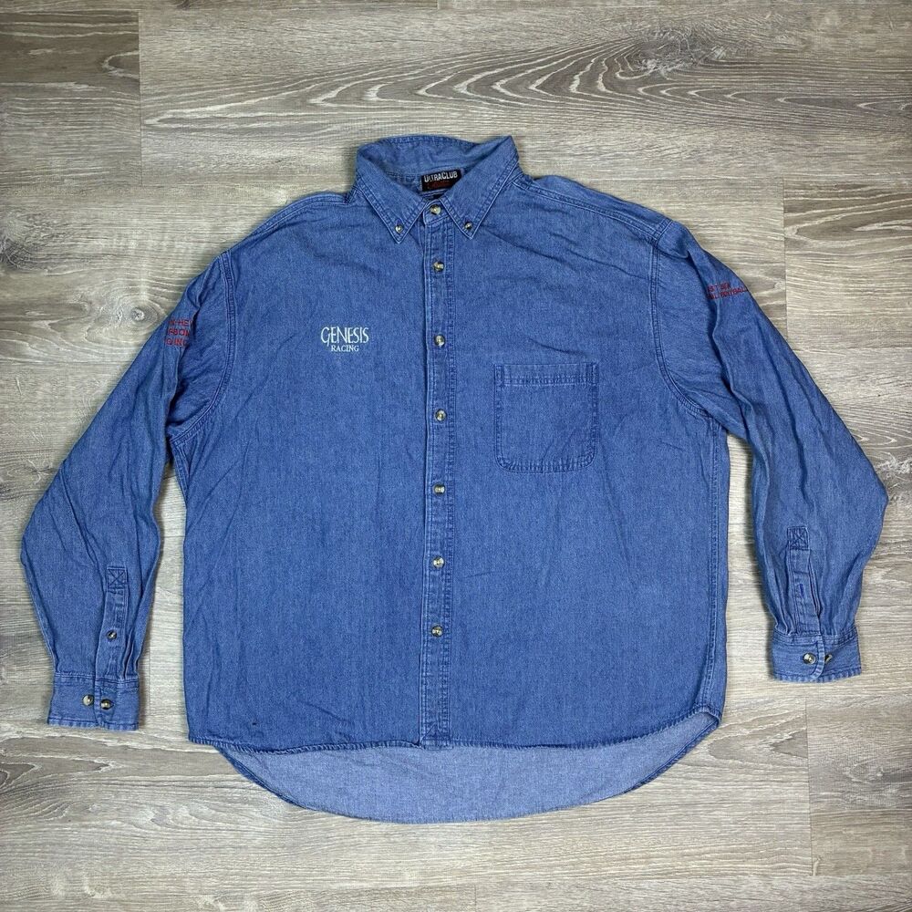 Vtg UltraClub Collection Genesis Racing Dragster Shirt Men 2XL Button Down Denim